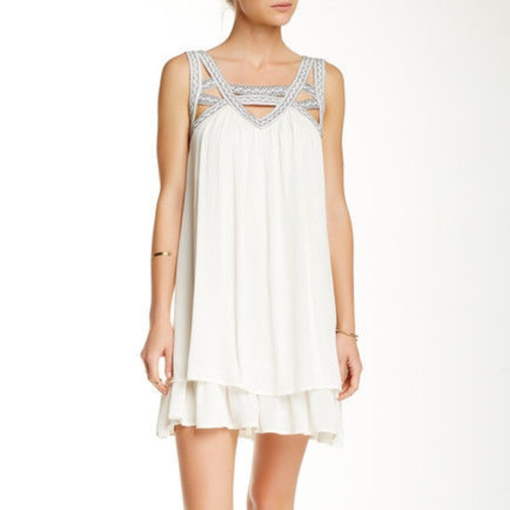 "OOBER SWANK" IVORY EMBROIDERED CASUAL CUT-OUT NECK BOHO SWING DRESS SZ: S NWT